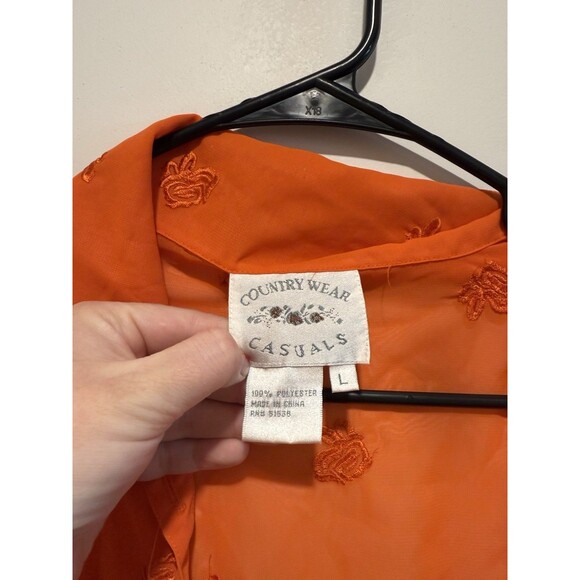Country Wear Casuals Sheer Floral Embroidered Orange Button Down L - Picture 2 of 3